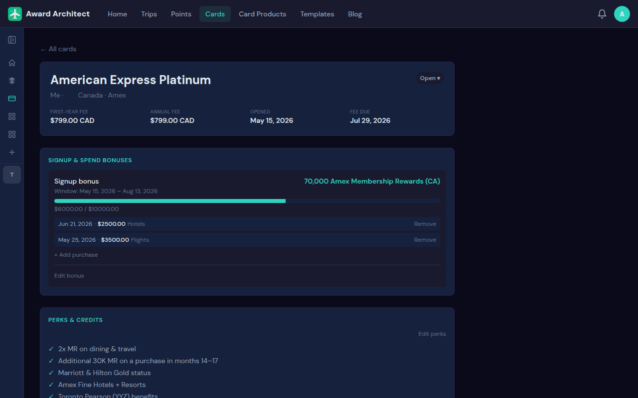 A card's signup-bonus spend log with a progress bar and perks