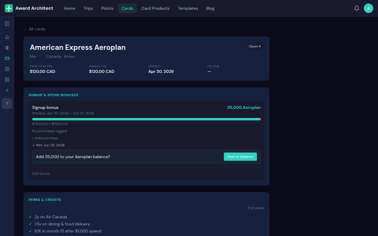 A signup bonus marked met with a one-tap post-to-balance prompt