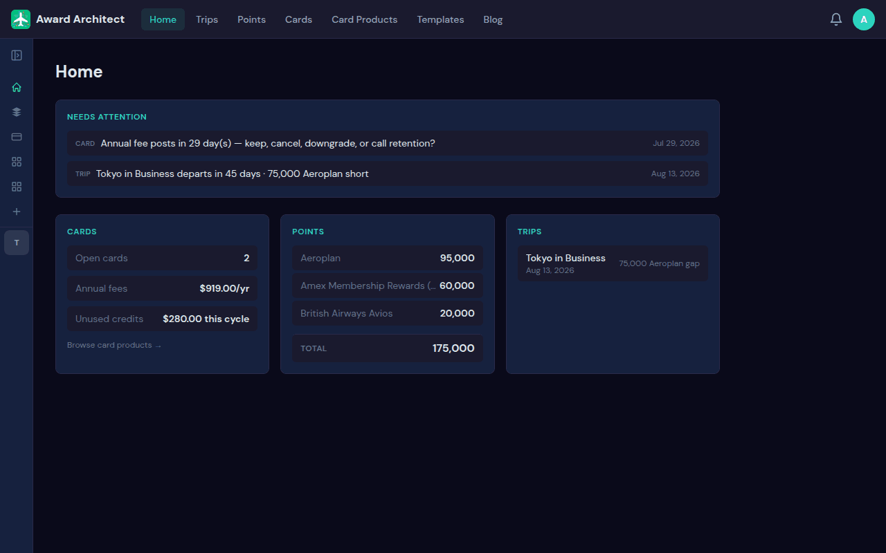 The home dashboard with needs-attention alerts and cards, points, and trips tiles