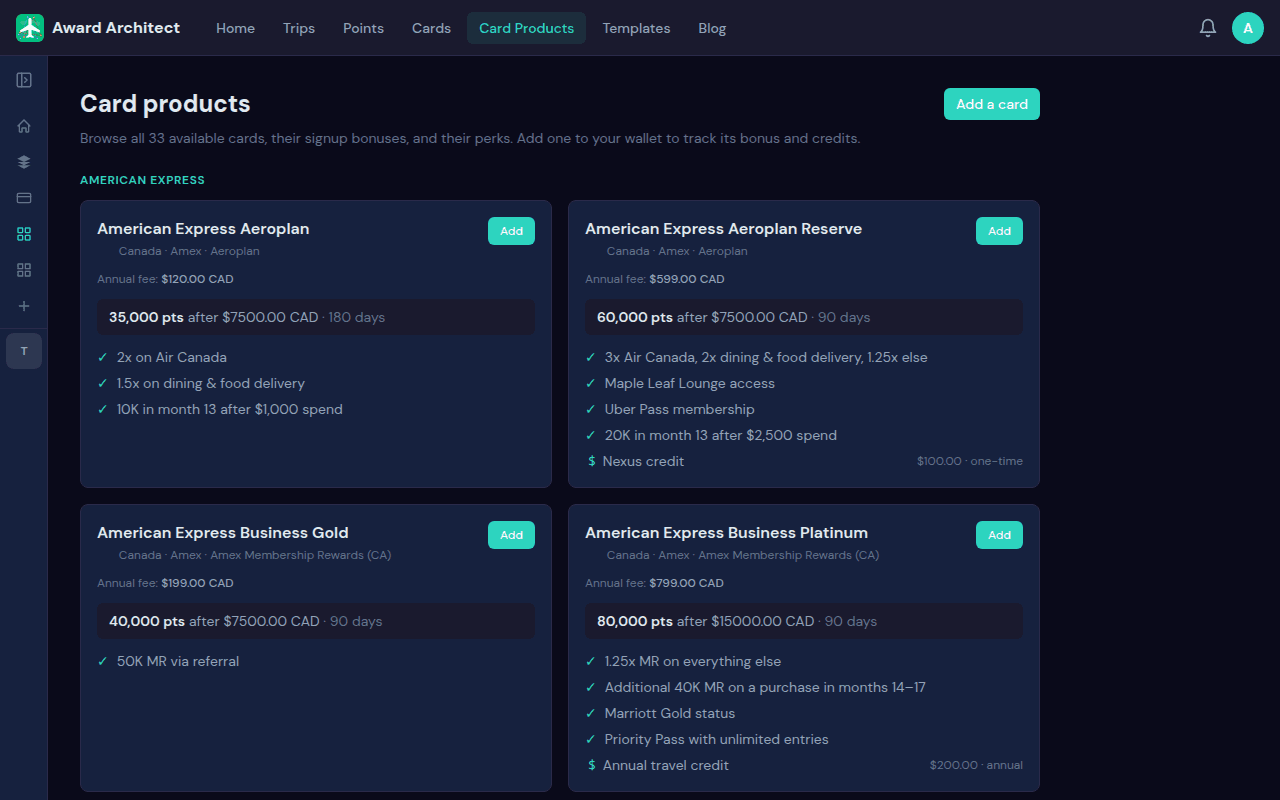 The card products catalog grouped by issuer with bonuses and perks